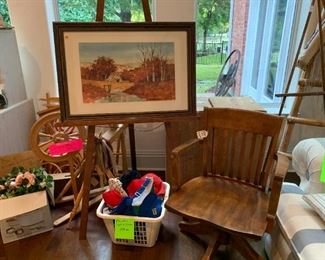Spinning wheel & weaving items, assorted caps, easel and print in frame, antique office chair (1920)