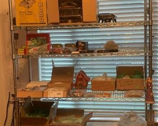 Mid-century items (corn popper, chafing dish, fondue warmer, "rabbit ears", miscellaneous themed watches and novelty items, pottery mobiles, themed mug sets, glassware sets, decorative tableware