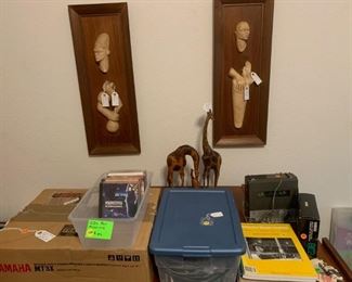 Yamaha audio recording equipment, tub of audio cords, CDs, Mid-century artwork, music education books, Sony reel-to-reel equipment, breath controller