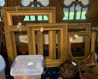 Antique (1910-1950) gilt and gesso frames, Mid-century king-sized bed frame with headboard and matching mirror, holiday shop items