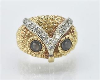 14K Gold Owl Design Cat's Eye Chrysoberyl and Diamond Ring
