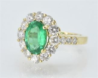 18K Oval Emerald and Diamond Ring