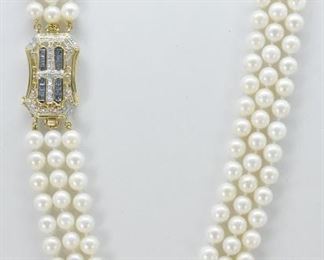 17 1/2" Triple Strand Pearls, Diamonds Sapphires Necklace
