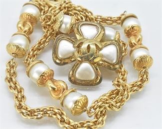 Chanel 97 Gold Tone Pin and 18" Faux Pearl Necklace