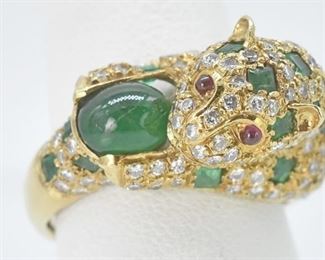 18K Gold, Emerald, Diamond, Ruby Panther Ring