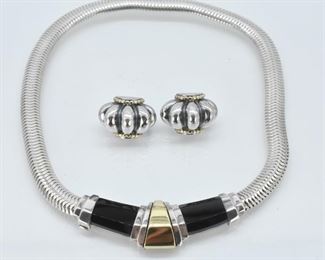 Art Deco 18K Gold, Sterling Silver and Onyx Necklace, Lagos Earrings