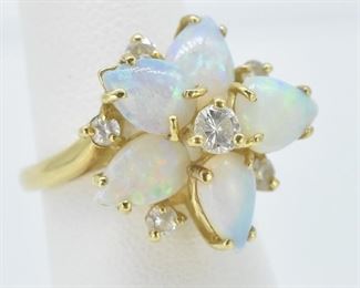 18K Gold, Opal, and Diamond Ring, Floral Design