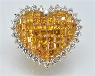 18 K Gold, Yellow Sapphire and Diamond Heart Pendant