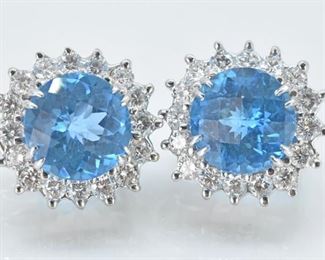 14K White Gold, Blue Topaz with Diamond Earrings