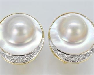 14K Gold, Diamond, and Blister Pearl Earrings