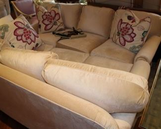 Twin sofas, custom made with an off-white velveteen upholstery. $2,200. Brand new, Or best offer.