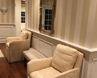 Pair of upholstered chairs with goose-down wrapped cushions in perfect condition! Pair for $695