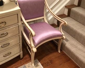 One of two french armchairs covered in a silk lavender fabric. Perfect condition. Selling the pair only at $1,400.