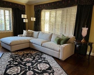 Custom Covered Sofa, Area Rug, Arc Floor Lamp