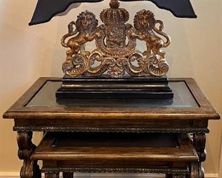 Set/2 Nesting Tables, Ornate Lion Table Lamp