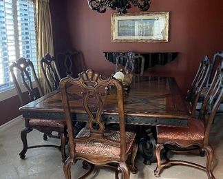 Stunning Dining Table w Iron Base and 8 Custom Upholstered Chairs