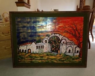 47 x 35 Tile picture of a Mission with velvet edging. Signed WORLDS
