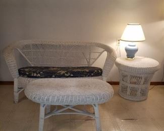 Wicker settee, round table and oval table