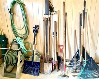 rakes shovels garden hoses