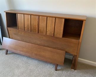 (9) $250  Mid Century Modern MCM Bookcase Bed Set:  Headboard, Footboard, Metal Frame- headboard 60.5w 9.5d 37h, entire bed 96d.  Mattress not included. 