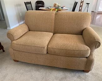 (4) Loveseat ($300) Rowe. 60w 36d 33h back seat 22d 18.5h.     Color is camel / tan.  Smoke and pet free home, like new.