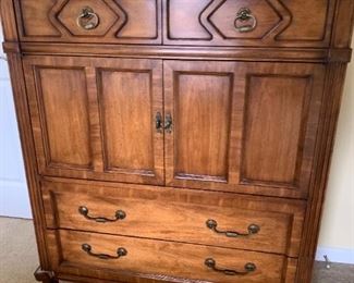 (26) $200 Hickory Furniture Co Captain's Dresser - Armoire - MCM style with 4 drawers and 6 cubbies behind the doors. One leg needs repair.  41.5w 20d 49h