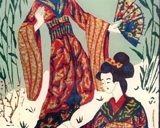 Vintage Painted Metal Asian Geisha Panel Art
