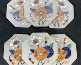 Set 6 Natural Stone Pietra Dura Floral Coasters
