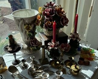 Porcelain florals, ink wells, vintage eye wash cups, sterling silver, brass, 