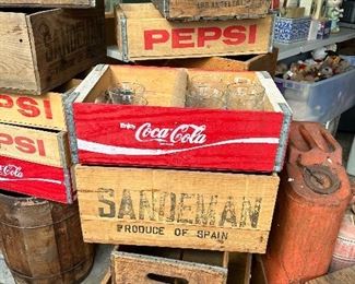 Vintage Pepsis and coke boxes and glasses