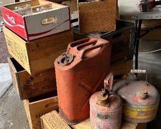 Vintage fuel containers and Pepsis crates 