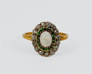 ine 14k Yellow Gold Opal Emerald Diamond Ring