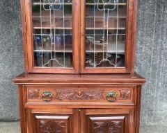Lovely Antique Hand Carved Lead Glass Cupboard 2 Piece Copper Hardware
