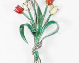 Fine .875 Silver Painted Enamel Tulip Flower Bouquet Brooch