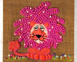 Original Lion Embroidery on Burlap. Unknown Artist MCM Mid Century Modern