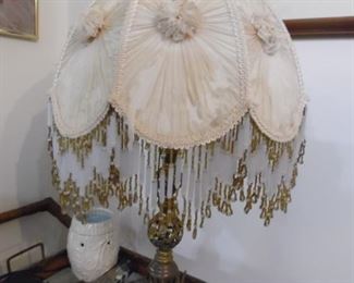 Beautiful antique lamp with beaded and fabric shade