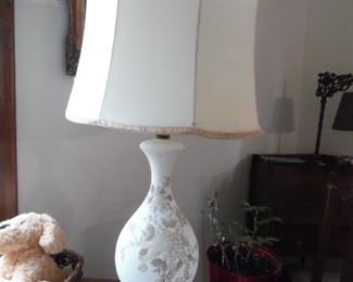 Hand painted glass lamp, with brass base and scalloped fabric shade