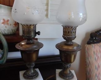 Pair of brass lamps with solid marble bases