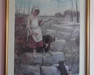 Nice, framed print of a girl and her dogs