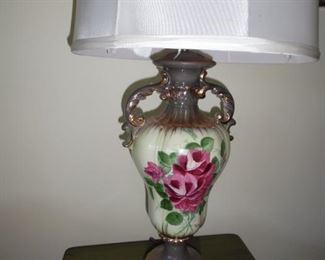 Brass, marble, silk shade, hand painted lamp