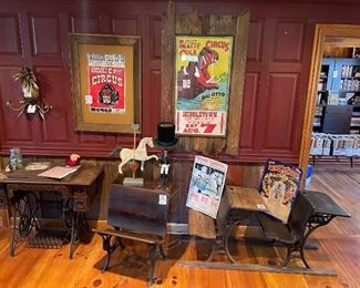 Antique Treadle Sewing Machine table + School Desks + Circus Posters