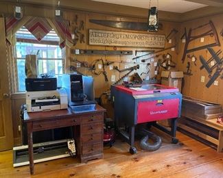 Universal Systems Laser (Versa — NEEDS PART) + Printers + Antique Tools + Lanterns + Veneer + Desk + Benches