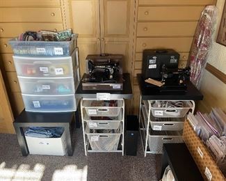 Antique Sewing Machines + Ribbon + Yarn + Bows + Ties + Denim Material + Handmade Bags + Irons + Needles 