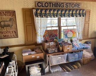 Assorted Sewing Materials + Beads + Unfinished Projects + Signs + Curtains + Etc 
