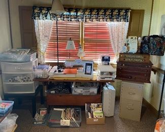 Baby Lock Serger + Thread + Stabilizer + Rotary Mats + Squares + Sewing Books + Lamps + Filing Cabinet + Sewing DVDS / CDs