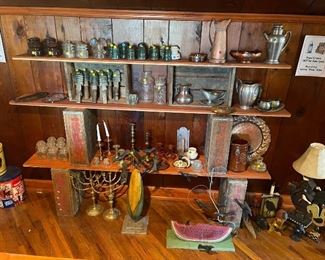 Insulator Caps + Candle Sticks + Pewter + Copper + Corn / Watermelon Folk Art