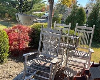 Cracker Barrel Rocking Chairs (PAINT IS CHIPPED) + Chicken Coop + Hanging Planter Baskets + Birdhouses