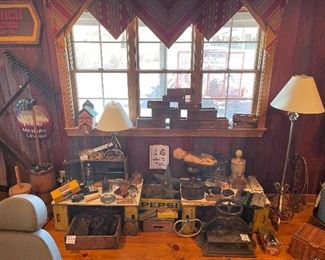 Antique Items (Butter Churns + Cheese Boxes + Trivets + Book Press + Scale + Cast Iron Stars + Ice Cream Bucket + Etc)