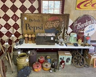 Vintage Pepsi Sign + Old Gasoline / Oil cans + Post Toppers + Watering Cans + Vintage Milk Cans + Vintage Garden Plow 