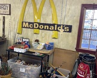Vintage McDonalds Sign + Toys + Handmade Wooden Bear Climbing Toy 
